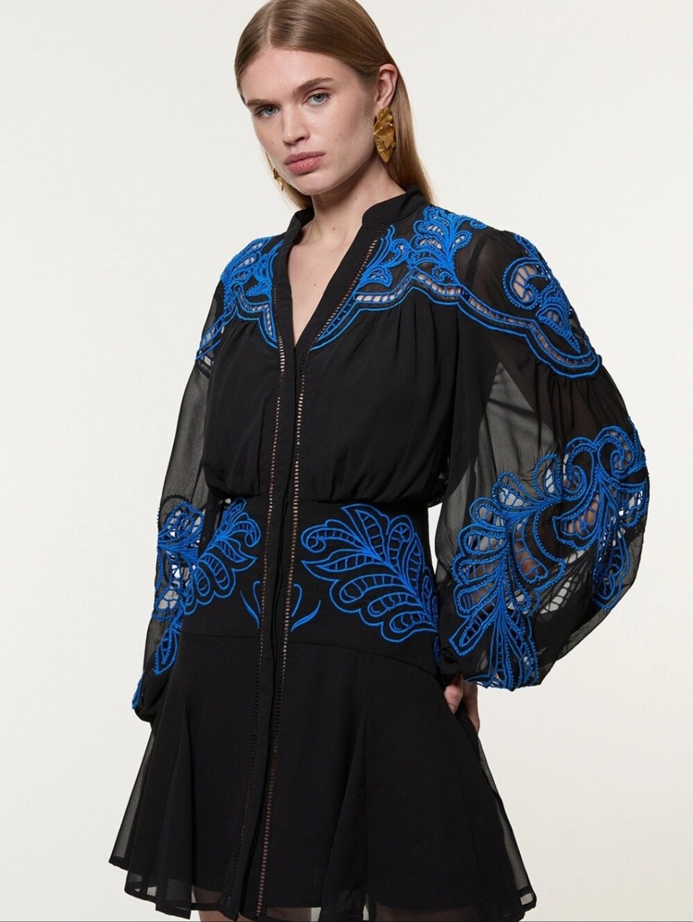 Karen Millen Black Dress with Royal Blue Embroidery $420